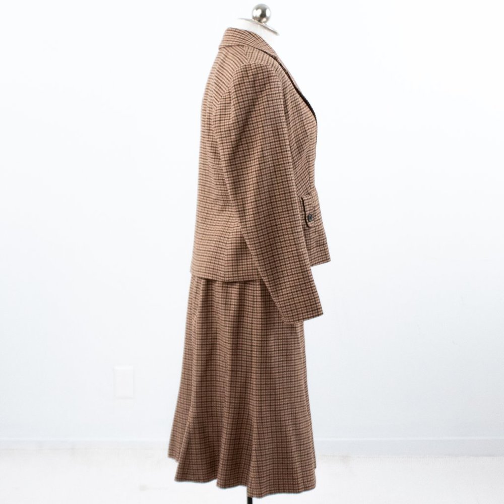 Vintage 90s M Wool Plaid Blazer Skirt Suit Brown - Picture 5 of 16